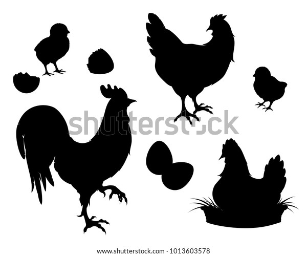 鶏 鶏 鶏 卵 鶏の農場は黒いシルエットを作りました イラストのエレメントを分離 ベクター画像eps10 のベクター画像素材 ロイヤリティフリー