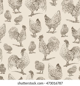 Chicken, rooster, chickens  sketch seamless pattern. Hand drawn vector illustration.