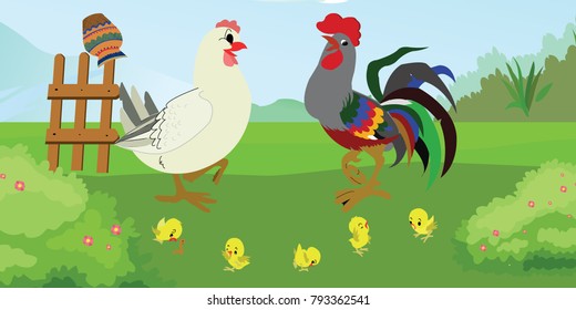 Chicken with rooster and chicks