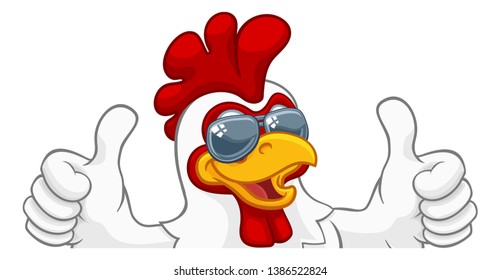 A chicken rooster cockerel bird cartoon character in cool shades or sunglasses peeking over a sign and giving a double thumbs up