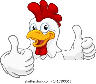 A chicken rooster cockerel bird cartoon character peeking over a sign and giving a thumbs up