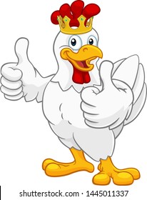 A chicken rooster cockerel bird cartoon character in a kings gold crown giving a double thumbs up