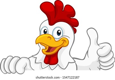 A chicken rooster cockerel bird cartoon character peeking over a sign and giving a thumbs up