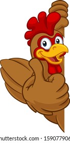 A chicken rooster cockerel bird cartoon character peeking around a sign and giving a thumbs up