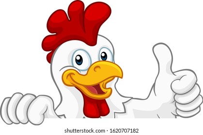 A chicken rooster cockerel bird cartoon character peeking over a sign and giving a thumbs up