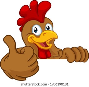 A chicken rooster cockerel bird cartoon character peeking over a sign and giving a thumbs up