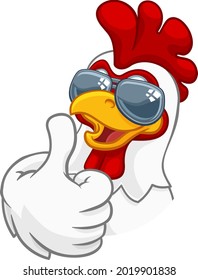 A chicken rooster cockerel bird cartoon character in cool shades or sunglasses giving a thumbs up