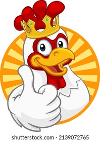 A chicken rooster cockerel bird cartoon character in a kings gold crown giving a thumbs up