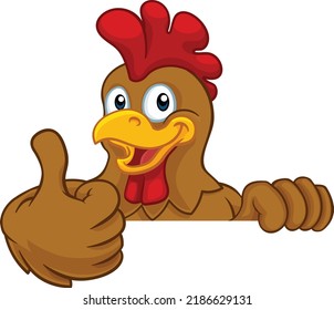 A chicken rooster cockerel bird cartoon character peeking over a sign and giving a thumbs up