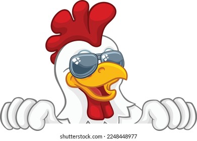 A chicken rooster cockerel bird cartoon character in cool shades or sunglasses peeking over a sign