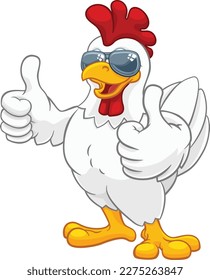 A chicken rooster cockerel bird cartoon character in cool shades or sunglasses giving a double thumbs up