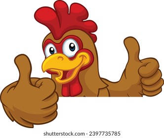 A chicken rooster cockerel bird cartoon character peeking over a sign and giving a double thumbs up