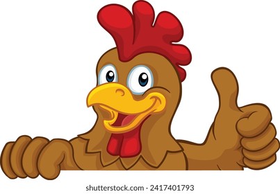A chicken rooster cockerel bird cartoon character peeking over a sign and giving a thumbs up