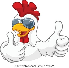 A chicken rooster cockerel bird cartoon character in cool shades or sunglasses giving a double thumbs up