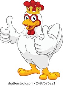 A chicken rooster cockerel bird cartoon character in a kings gold crown giving a double thumbs up