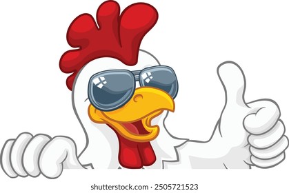 Un personaje de dibujos animados de aves de gallo de pollo asomándose sobre un letrero y dando un pulgar hacia arriba