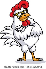 A chicken rooster cockerel bird cartoon character in cool sunglasses of illustration
