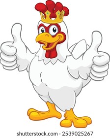 A chicken rooster cockerel bird cartoon character in a kings gold crown giving a double thumbs up