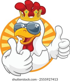 A chicken rooster cockerel bird cartoon character in a kings gold crown and cool shades or sunglasses giving a double thumbs up