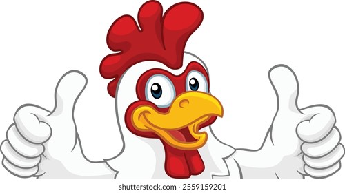 A chicken rooster cockerel bird cartoon character peeking over a sign and giving a double thumbs up