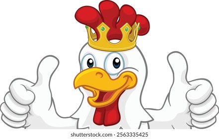 A chicken rooster cockerel bird cartoon character in a gold kings crown peeking over a sign and giving a double thumbs up