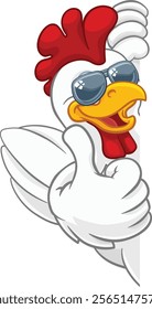 A chicken rooster cockerel bird cartoon character in cool shades or sunglasses peeking around a sign and giving a thumbs up