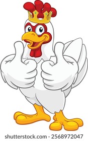 A chicken rooster cockerel bird cartoon character in a kings gold crown giving a double thumbs up