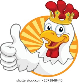 A chicken rooster cockerel bird cartoon character in a kings gold crown giving a thumbs up