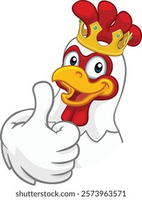 A chicken rooster cockerel bird cartoon character in a kings gold crown giving a thumbs up