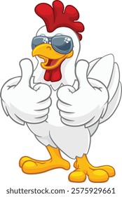 A chicken rooster cockerel bird cartoon character in cool shades or sunglasses giving a double thumbs up