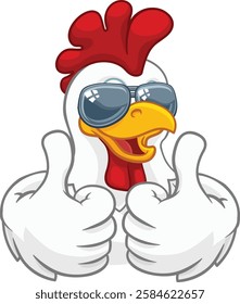 A chicken rooster cockerel bird cartoon character in cool shades or sunglasses giving a double thumbs up