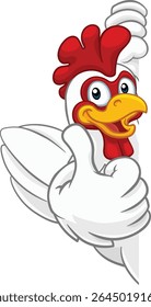 A chicken rooster cockerel bird cartoon character peeking around a sign and giving a thumbs up