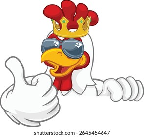 A chicken rooster cockerel bird cartoon character in a kings gold crown and cool shades or sunglasses peeking over a sign and giving a thumbs up