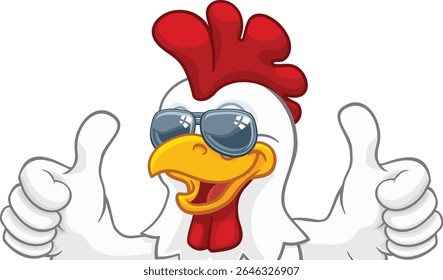 Um galo galo frango galo pássaro personagem de desenho animado em tons frescos ou óculos de sol espiando sobre um sinal e dando um polegar duplo para cima