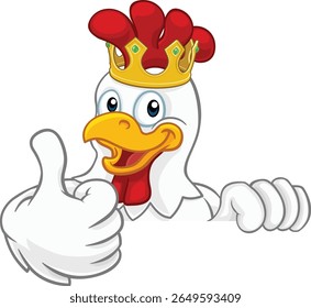 A chicken rooster cockerel bird cartoon character in a gold kings crown peeking over a sign and giving a thumbs up