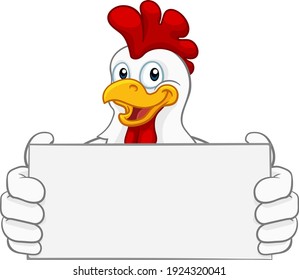 A chicken rooster cockerel cartoon character mascot holding a sign 