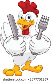 A chicken rooster cockerel cartoon character food mascot holding knife and fork cutlery