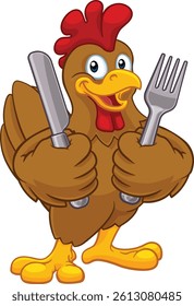 A chicken rooster cockerel cartoon character food mascot holding knife and fork cutlery