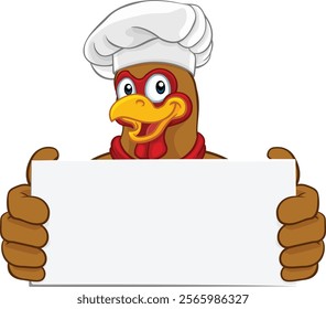 A chicken rooster cockerel chef cartoon character mascot holding a sign 