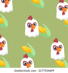 Chicken Rooster Corn Pattern. Happy Simple Rooster. Vector texture Funny Chicken Corn