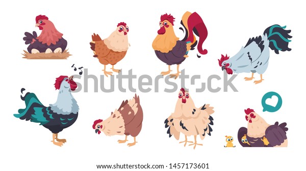 鶏と鶏 かわいい家禽の農場キャラクター 赤ちゃんの鶏の漫画の雛 白い背景にベクターイラストのカラフルな国内鳥 のベクター画像素材 ロイヤリティフリー