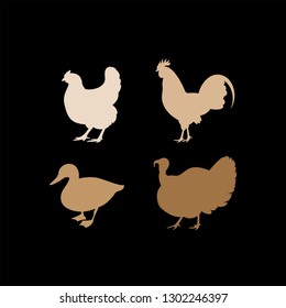 Chicken, rooster, duck, turkey vector silhouettes. Farm animals silhouettes