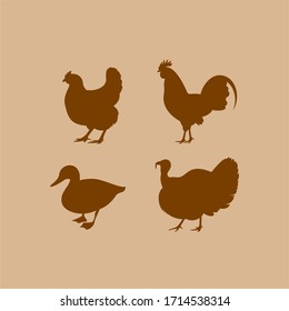 Chicken, rooster, duck, turkey vector silhouettes. Farm animals silhouettes