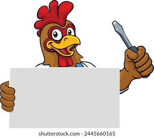 A chicken or rooster electrician handyman or other construction cartoon mascot man holding a screwdriver tool.