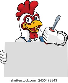 A chicken or rooster electrician handyman or other construction cartoon mascot man holding a screwdriver tool.