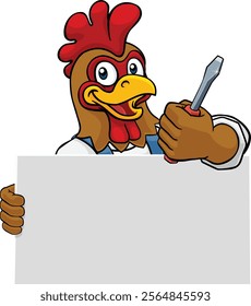 A chicken or rooster electrician handyman or other construction cartoon mascot man holding a screwdriver tool.