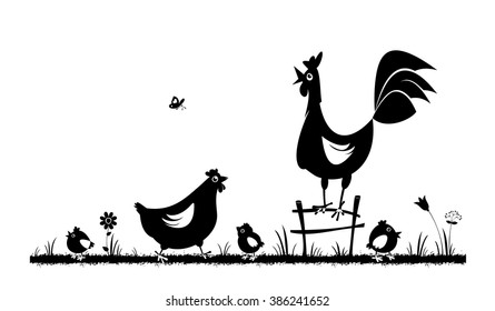 Chicken and rooster. Farm animals. Vector silhouettes on the white background.