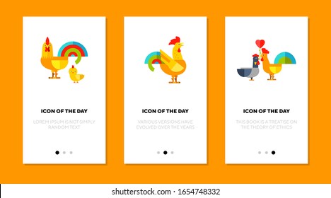 Chicken and rooster flat icon set. Hen, bird, beak isolated vector sign pack. Wildlife and nature concept. Vector illustration symbol elements for web design and apps