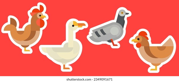 Chicken, rooster, goose, pigeon. Set bright geometric sticker, patch or badge with birds in minimal mosaic fashion style. Collection simple retro design elements. Vintage vector illustration.