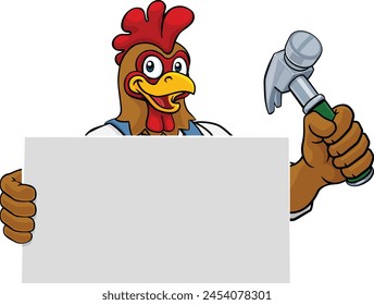 A chicken or rooster handyman or carpenter cartoon construction man mascot character holding a hammer tool